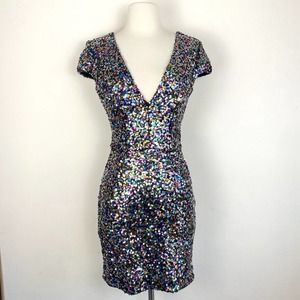 New Dress the Population Black Rainbow Sequin Siren Sparkly Bodycon Mini Dress